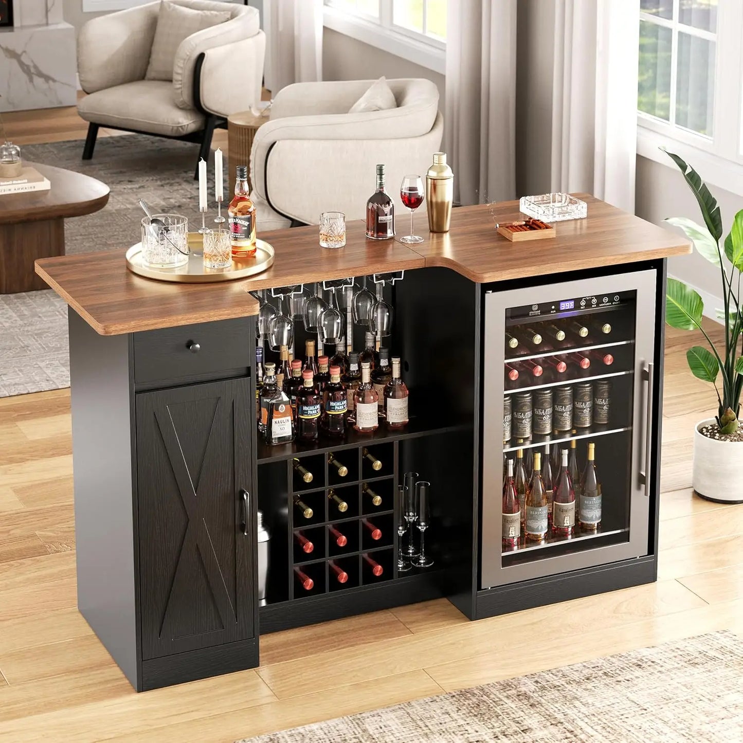 U Shape Liquor Cabinet With Fridge Space And Wine Rack