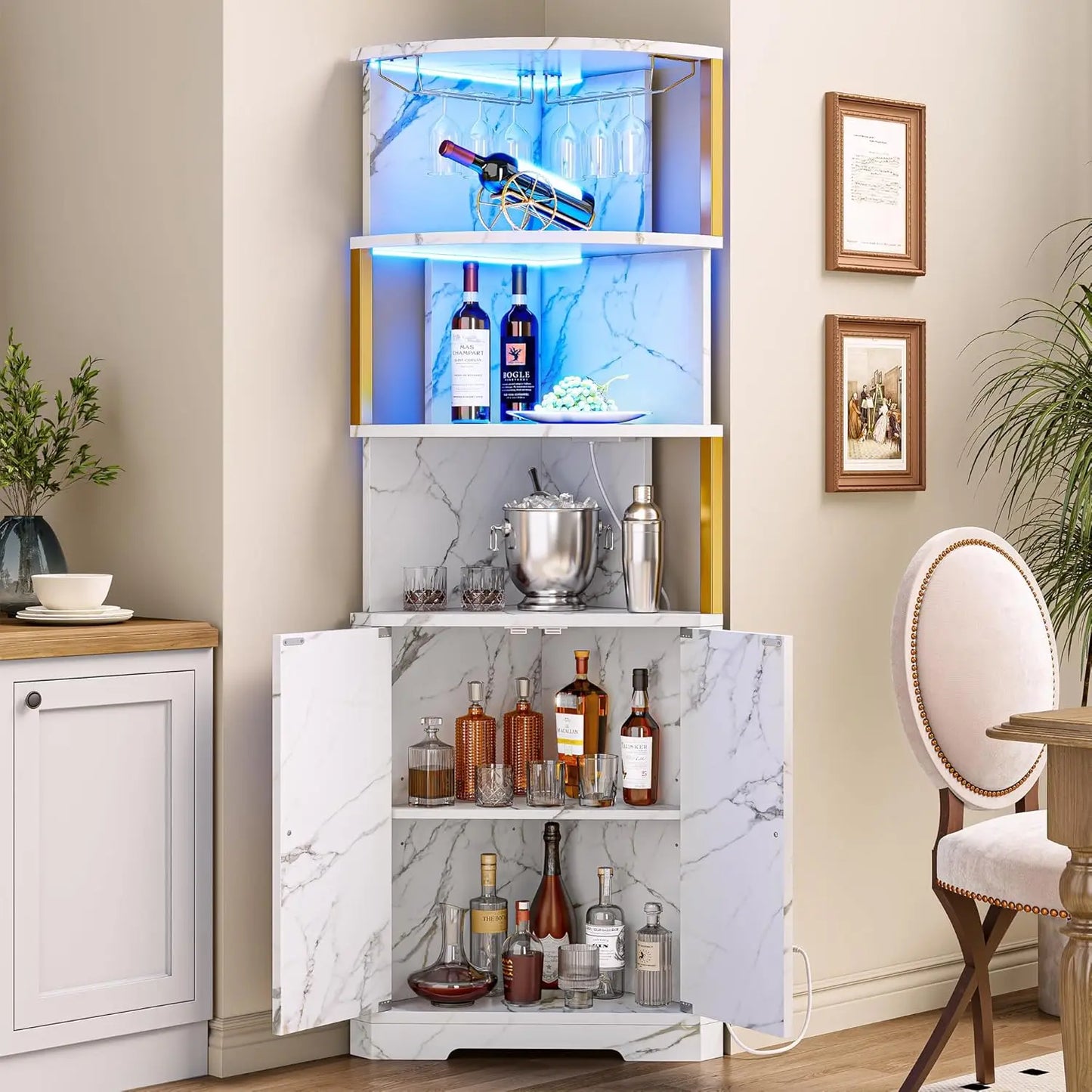 Corner Bar Cabinet With LED Lights And Power Outlets And Wine Rack
