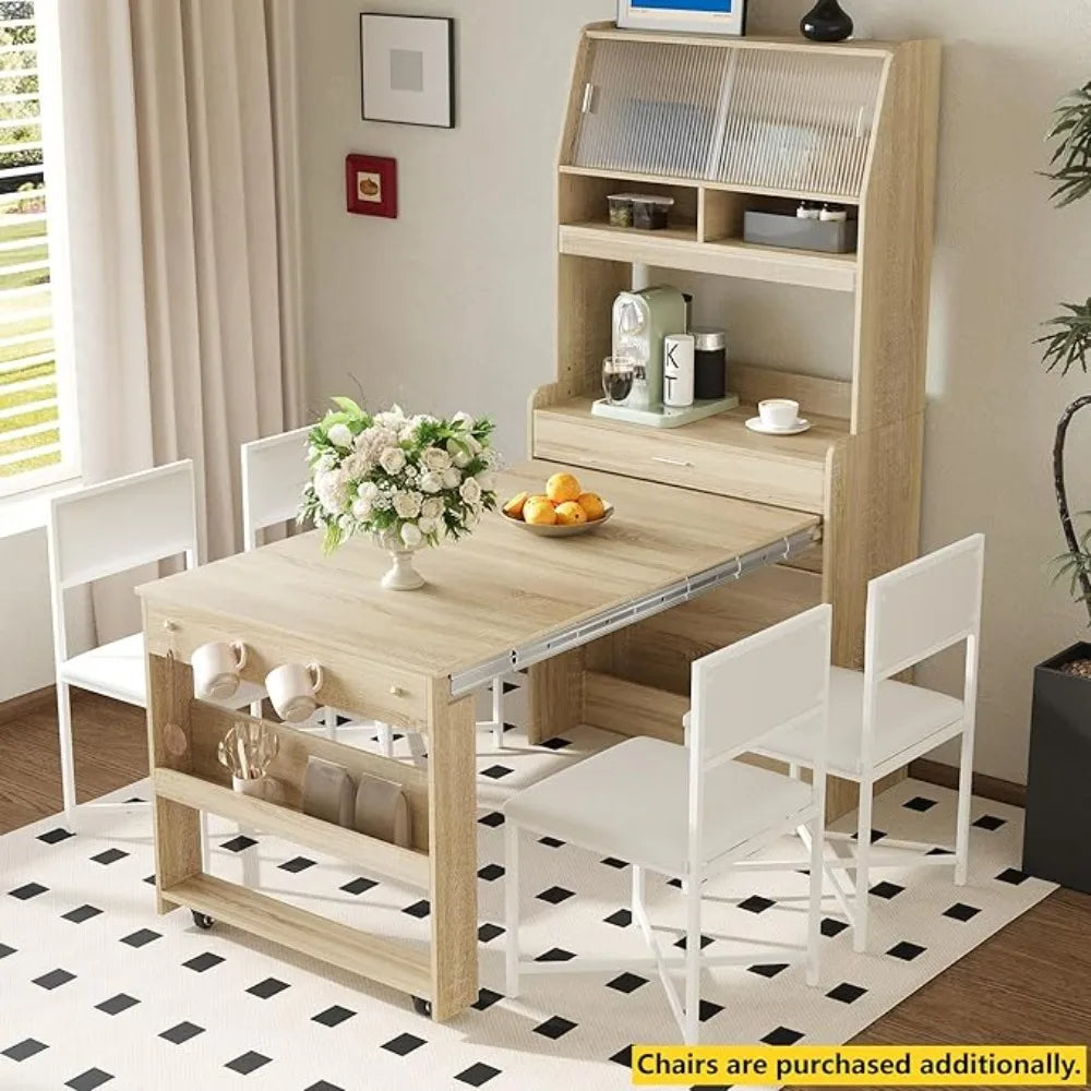 MKDK Modern Coffee Bar Cabinet With Hutch And Foldable Table