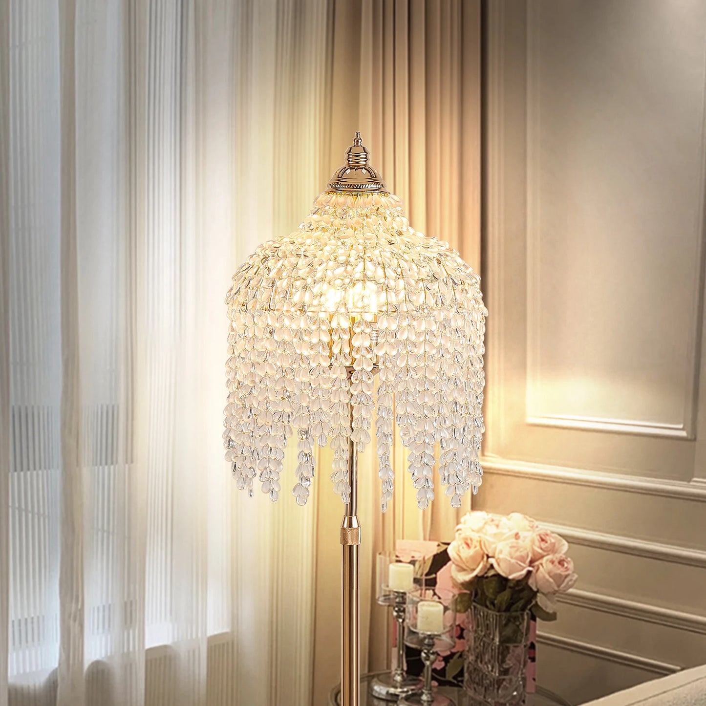 ARLGSITEC 3-Light Crystal Floor Lamp With Marble Base