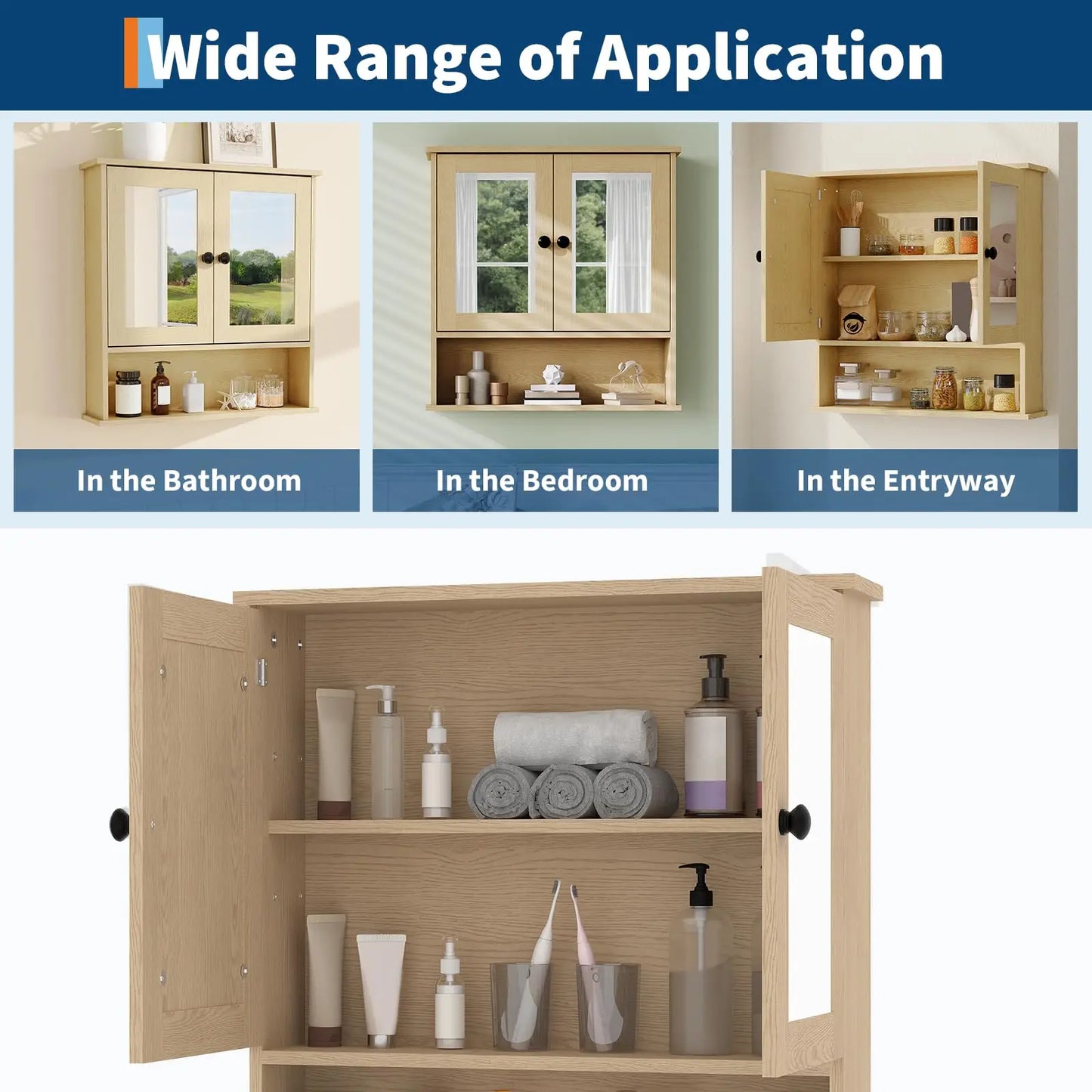 Wall Mounted Bathroom Cabinet,Wooden Bathroom Medicine Cabinet with Mirror Doors & Adjustable Shelves,Floating Storage Cabinet