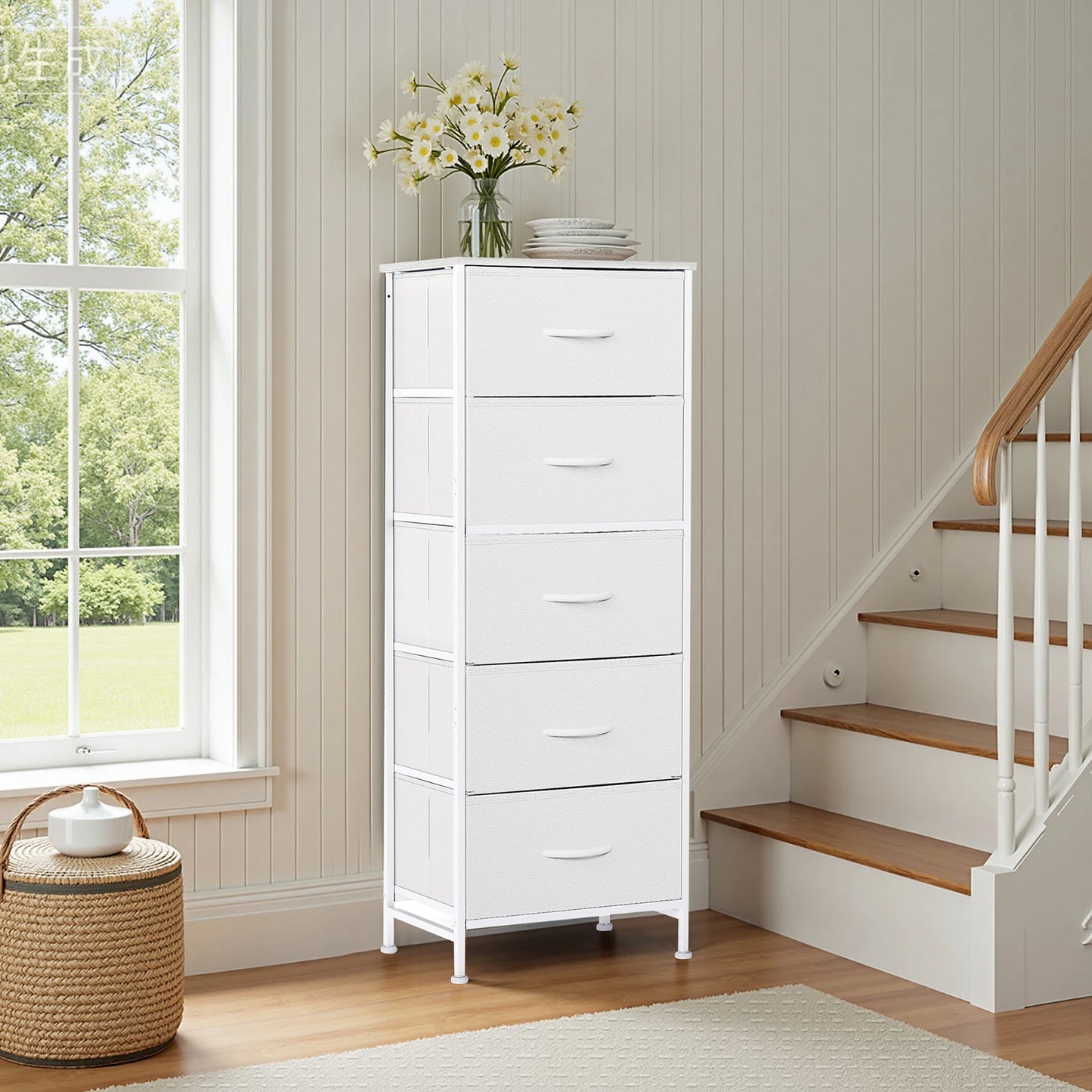 JHK Dresser With 5 Fabric Drawers And Steel Frame Storage