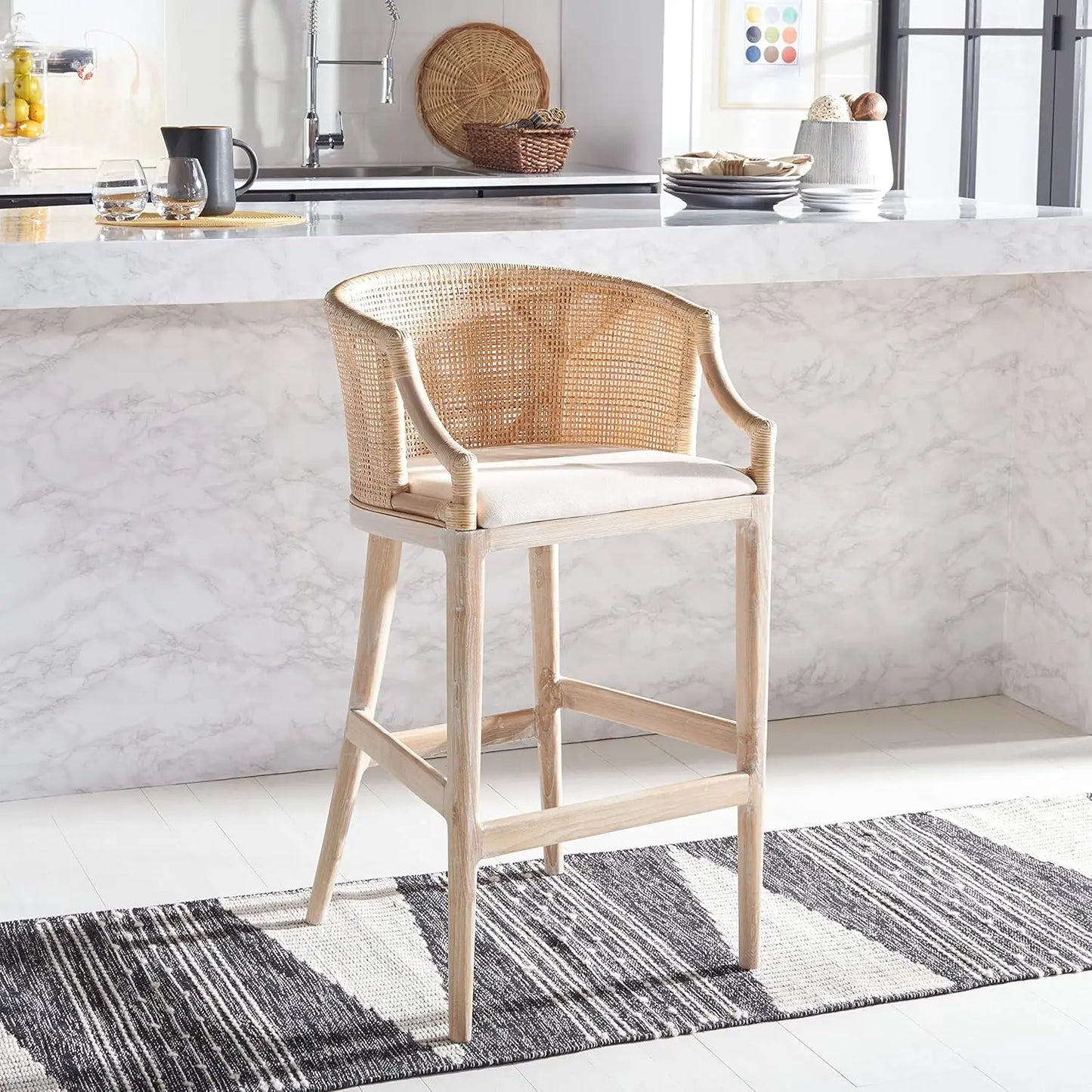Brando 30-inch Fully Assembled Solid Wood Bar Stool - Tropical Coastal Natural Wash Legs Cushion Home Collection), Customized
