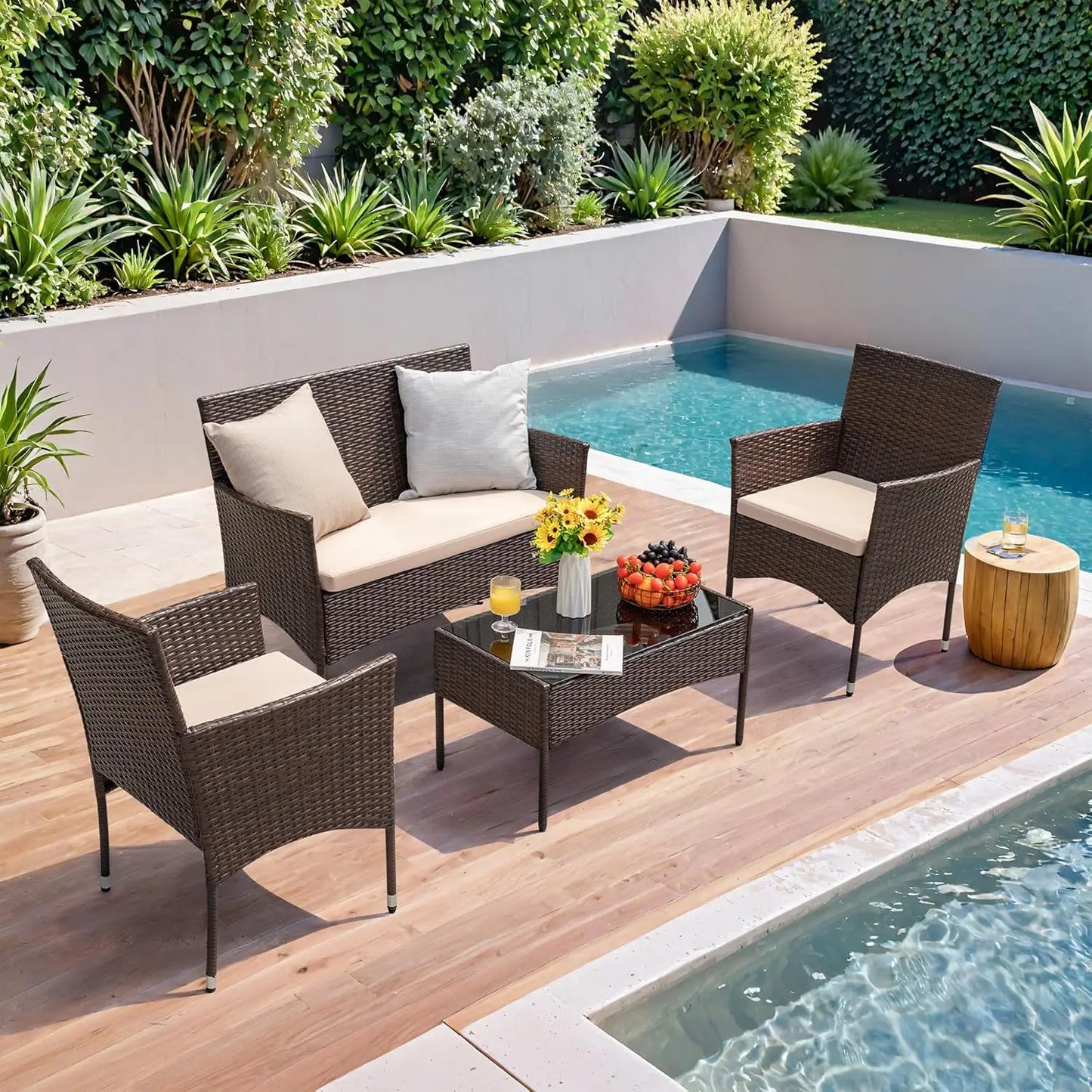 Outdoor Rattan Patio Furniture Set Four Piece Garden Poolside