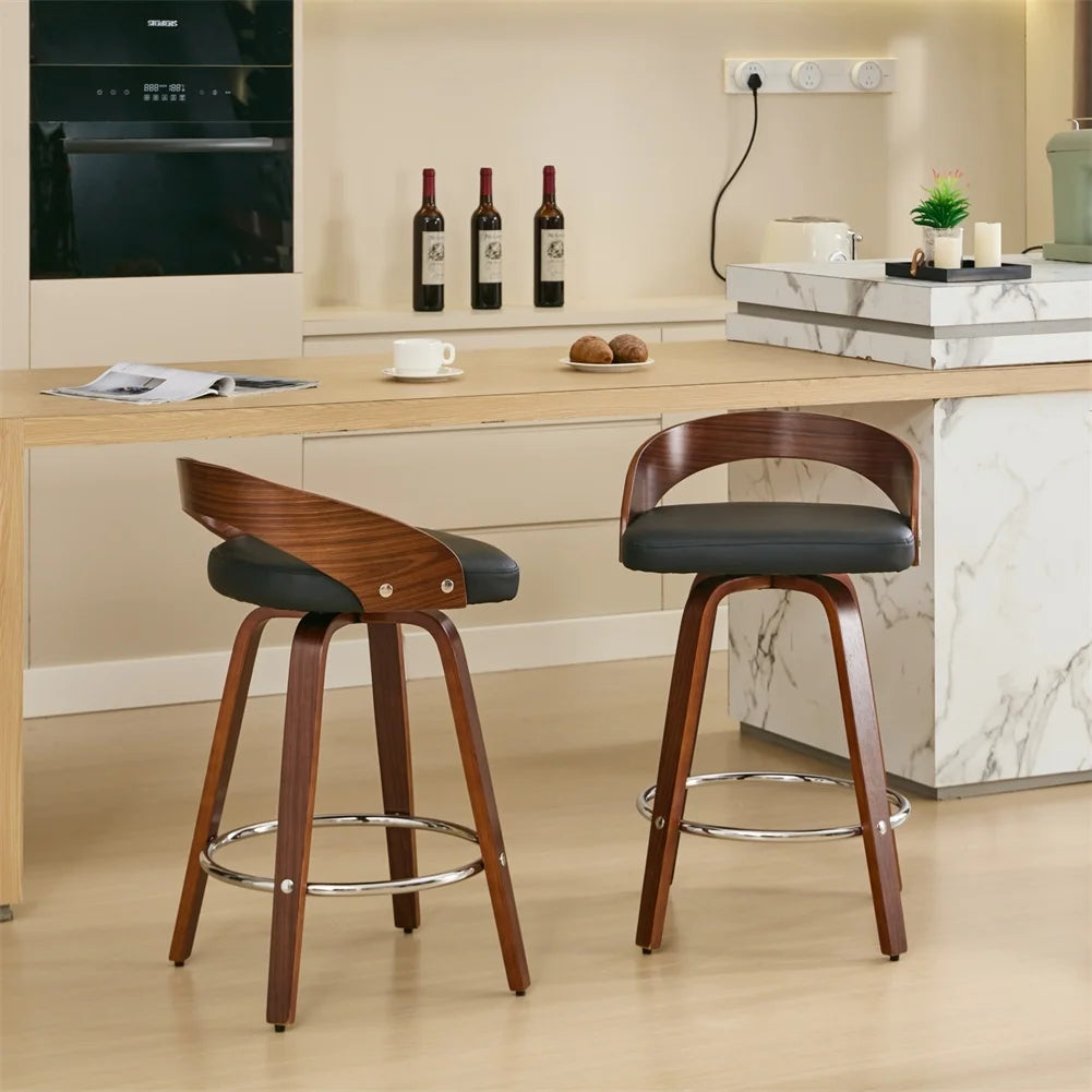 2 PCS Bar Pub Stools Set 360-degree Swivel Barstools with Low Back Wood Legs Chairs with Soft Cushion Seat Footrest For Kitchen