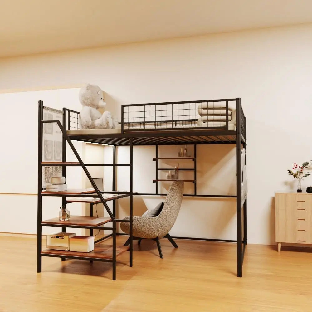 Metal Loft Bed With Stairs Desk And Charging Station