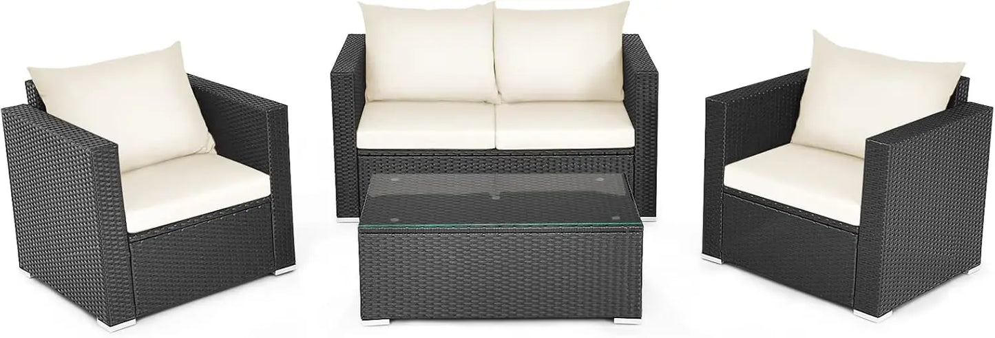Patio 4-Piece Rattan Furniture Set With Cushioned Seating And Glass Top Table