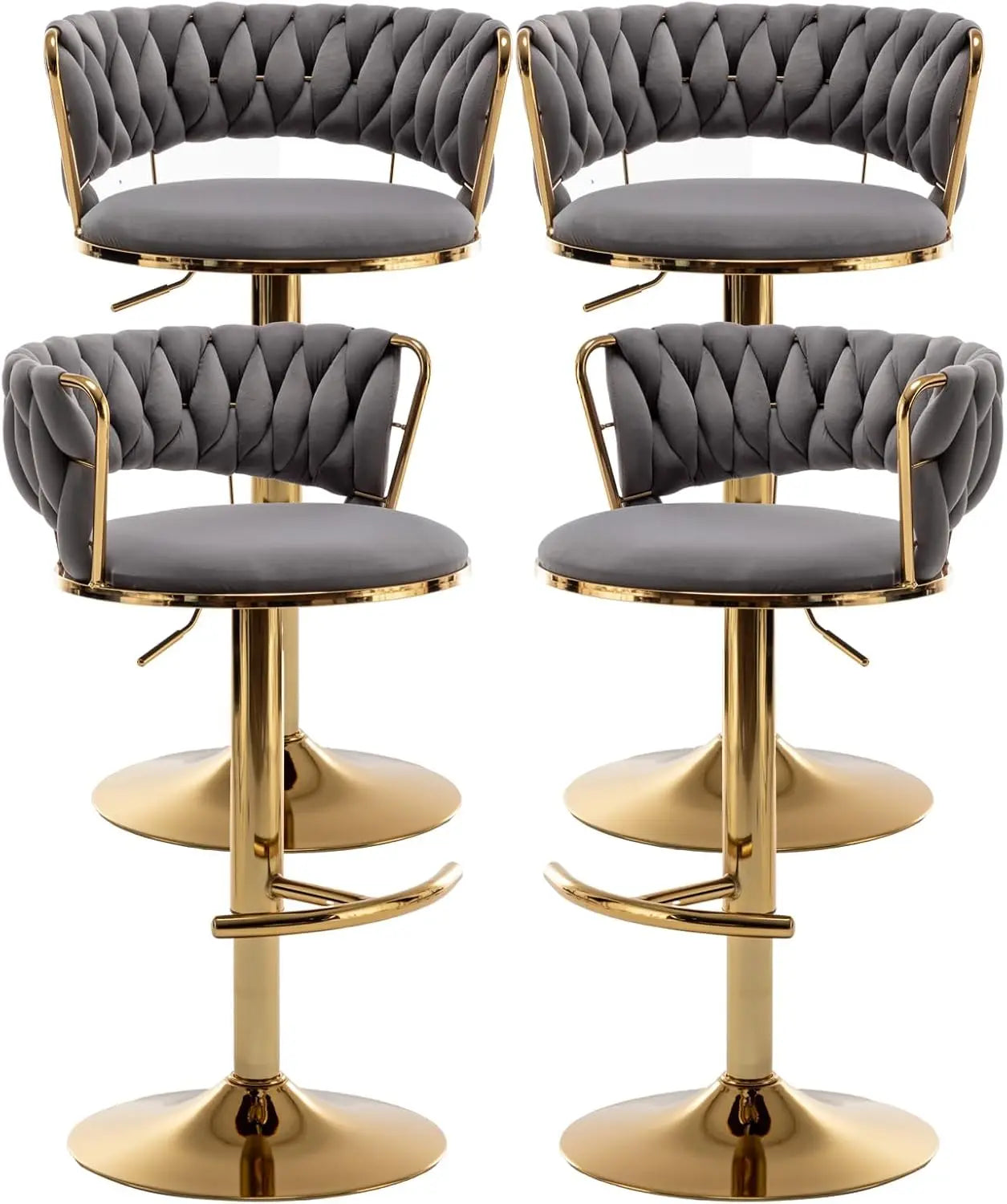 Gold Bar Stools Set of 4, Velvet Swivel Barstools with Woven Backrest, Adjustable Bar Chairs for Kitchen Island,, Customized