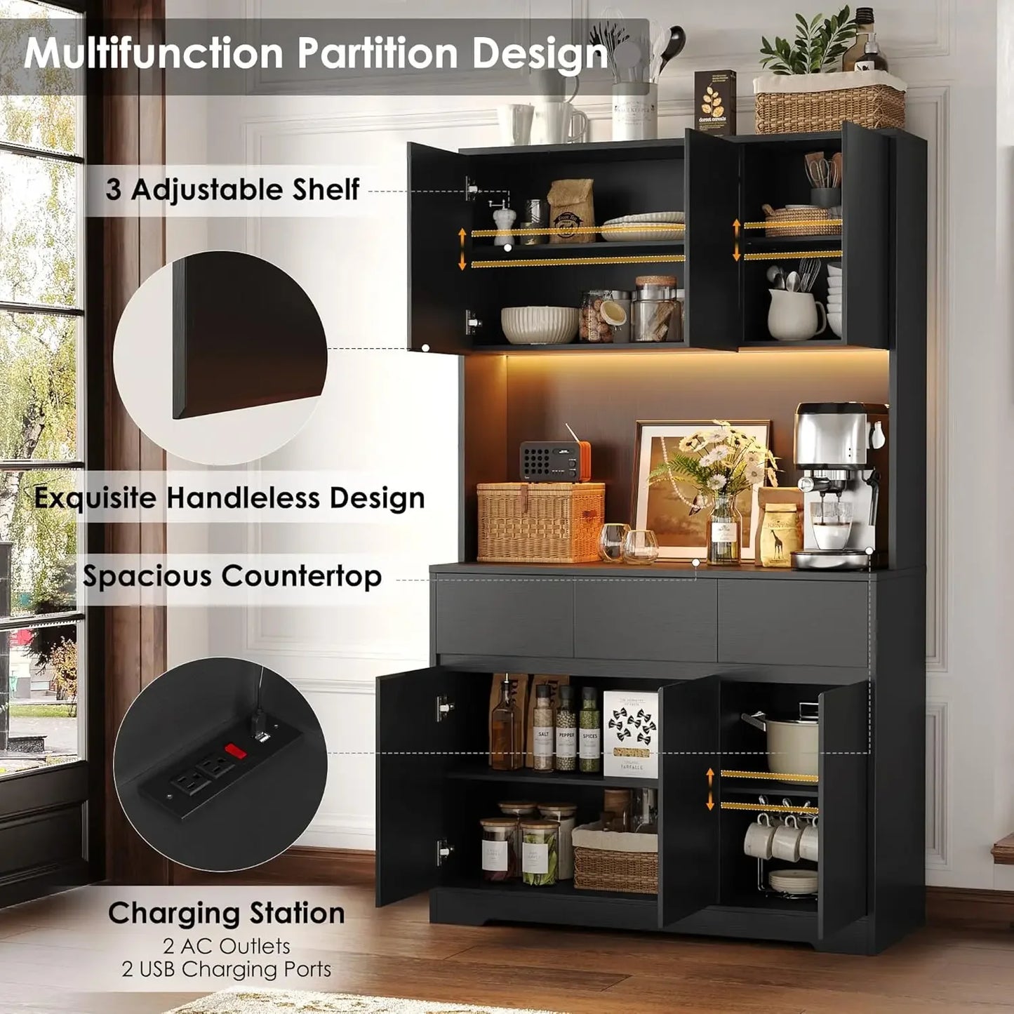 Pantry Cabinet With Power Outlets And Led Lights Microwave Stand