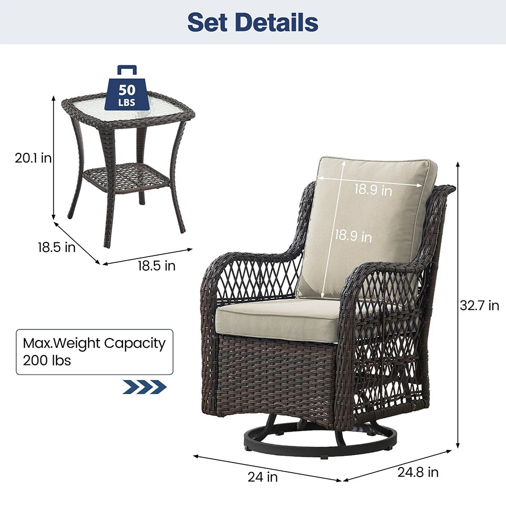 HiMISS 3-Piece Outdoor Wicker Swivel Patio Set With Glass Table