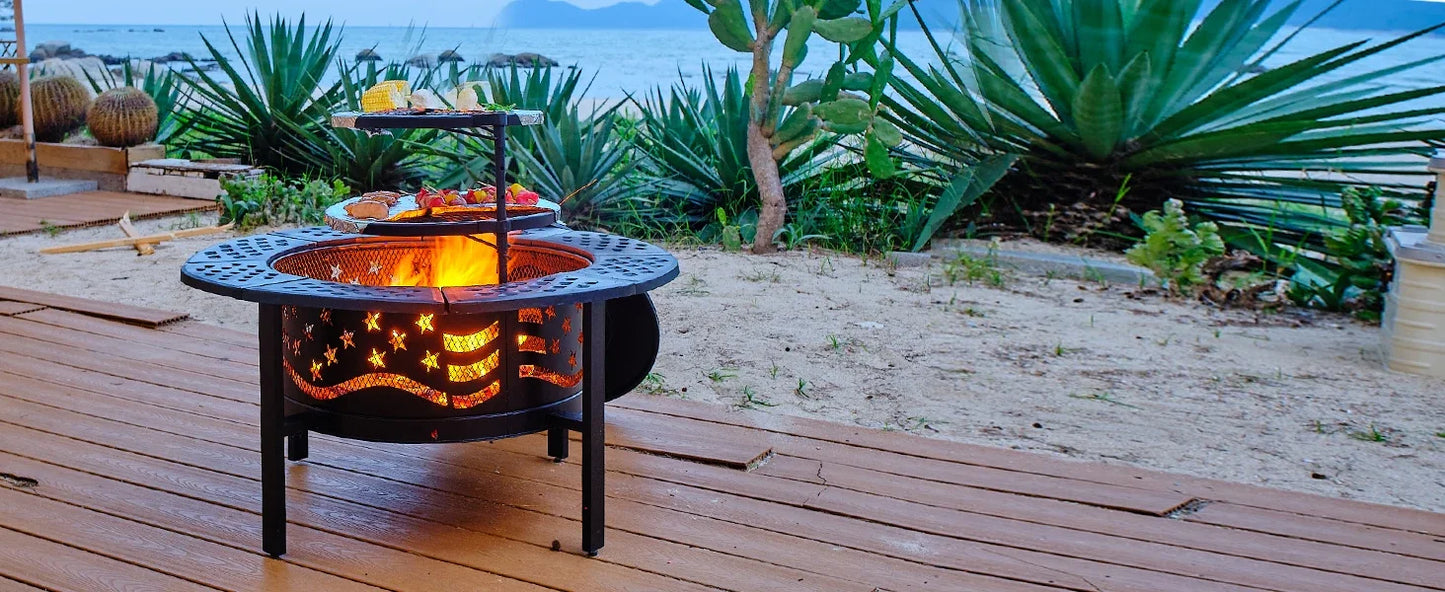 Outdoor Fire Pit With Grills Heavy Duty Metal Round