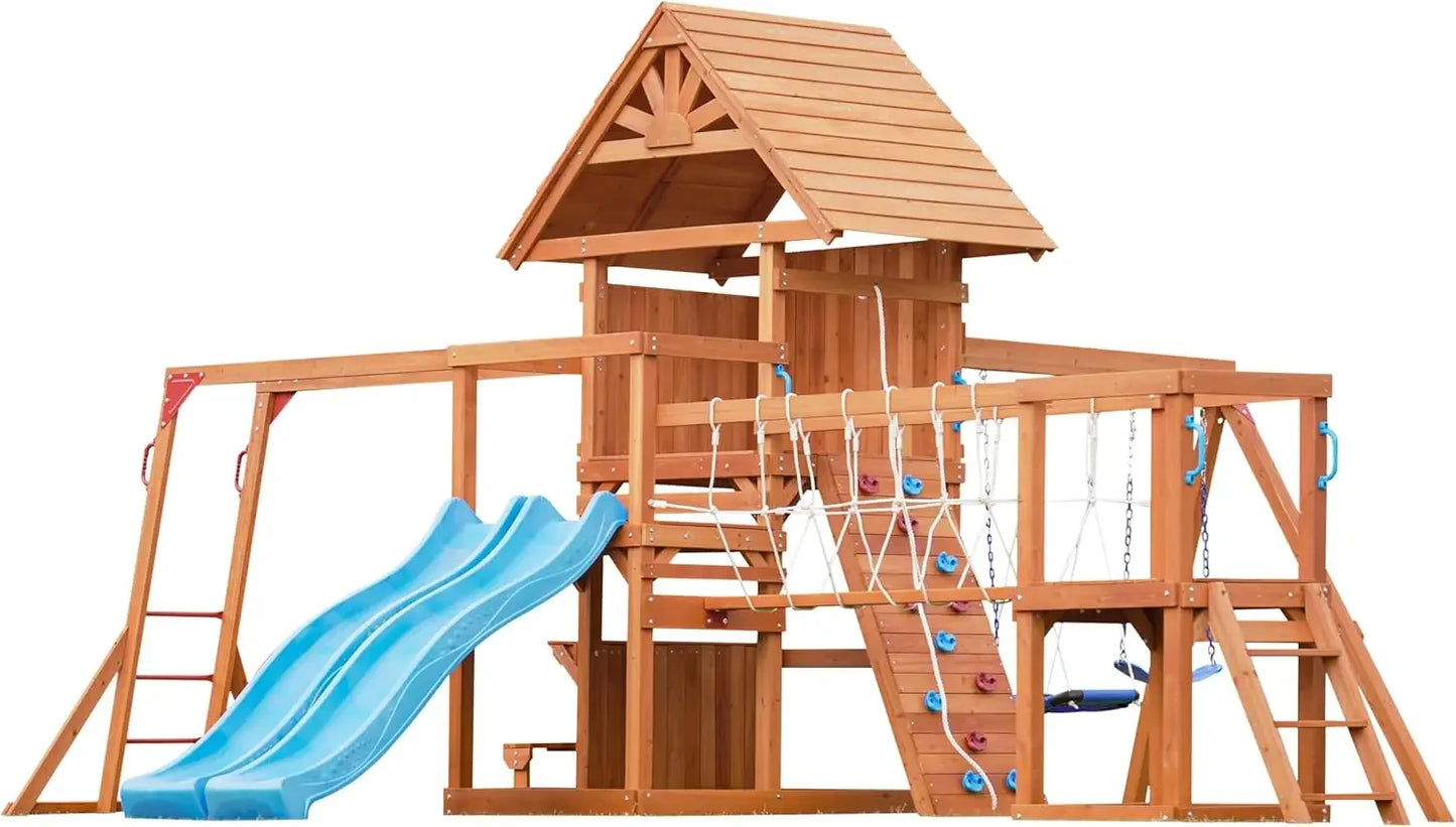 Backyard Wooden Swing Set With Plank Bridge And Wave Slides