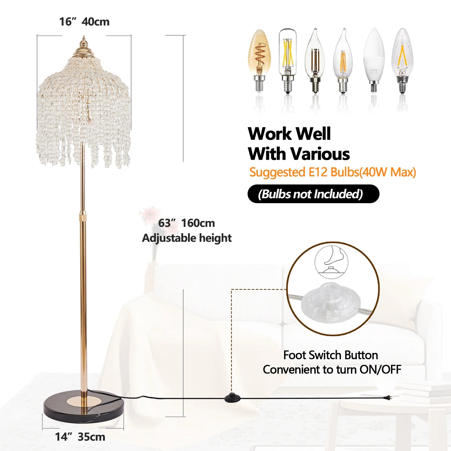 ARLGSITEC 3-Light Crystal Floor Lamp With Marble Base