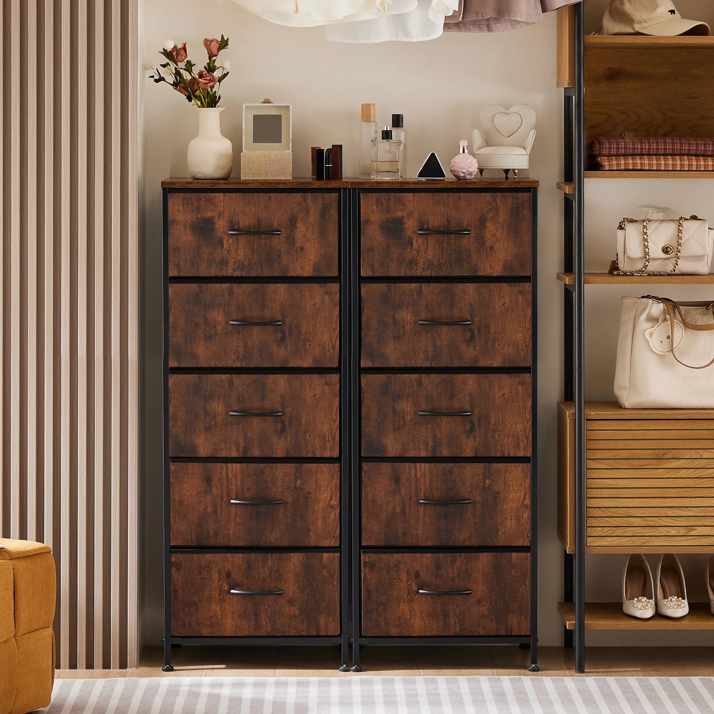 JHK Dresser With 5 Fabric Drawers And Steel Frame Storage
