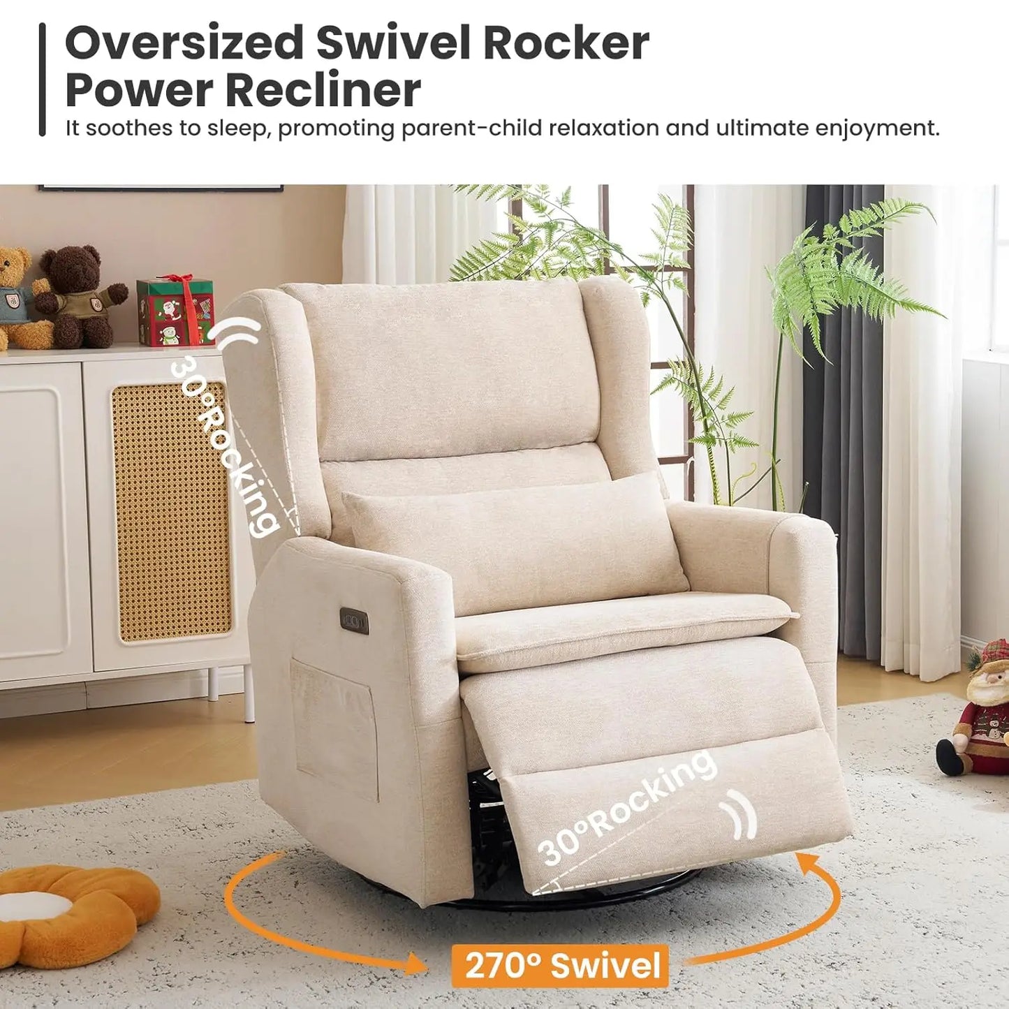 Oversized Swivel Rocker Recliner With Adjustable Headrest Nursery Chair