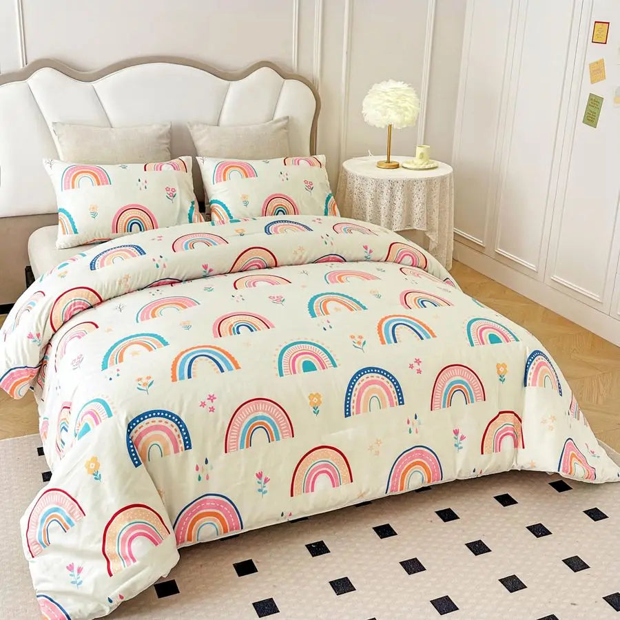 Lightweight Rainbow Comforter Set With Pillow Covers For Girls