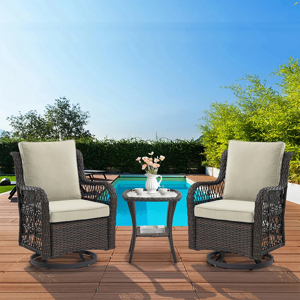 HiMISS 3-Piece Outdoor Wicker Swivel Patio Set With Glass Table