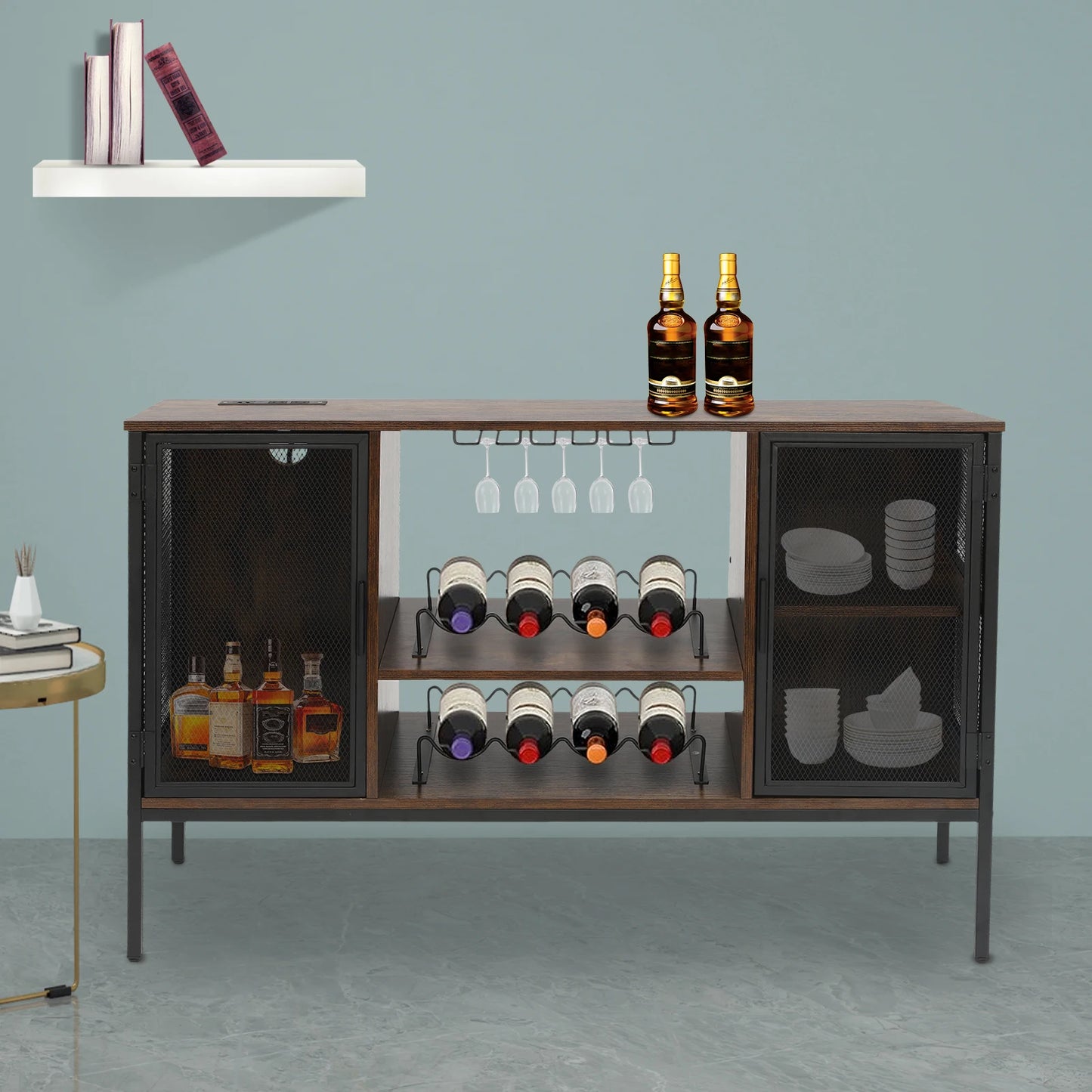 Wine Bar Cabinet With Glass Holder And Coffee Station