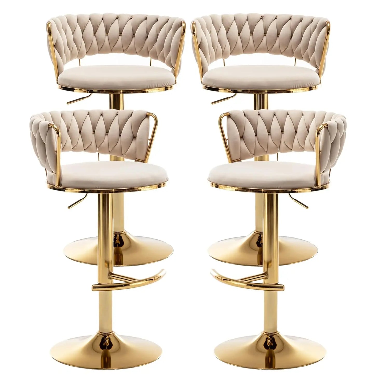 Gold Bar Stools Set of 4, Velvet Swivel Barstools with Woven Backrest, Adjustable Bar Chairs for Kitchen Island,, Customized