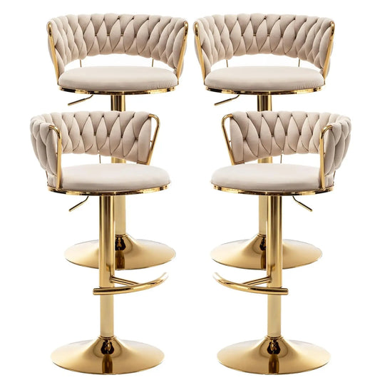 Gold Bar Stools Set of 4, Velvet Swivel Barstools with Woven Backrest, Adjustable Bar Chairs for Kitchen Island,, Customized