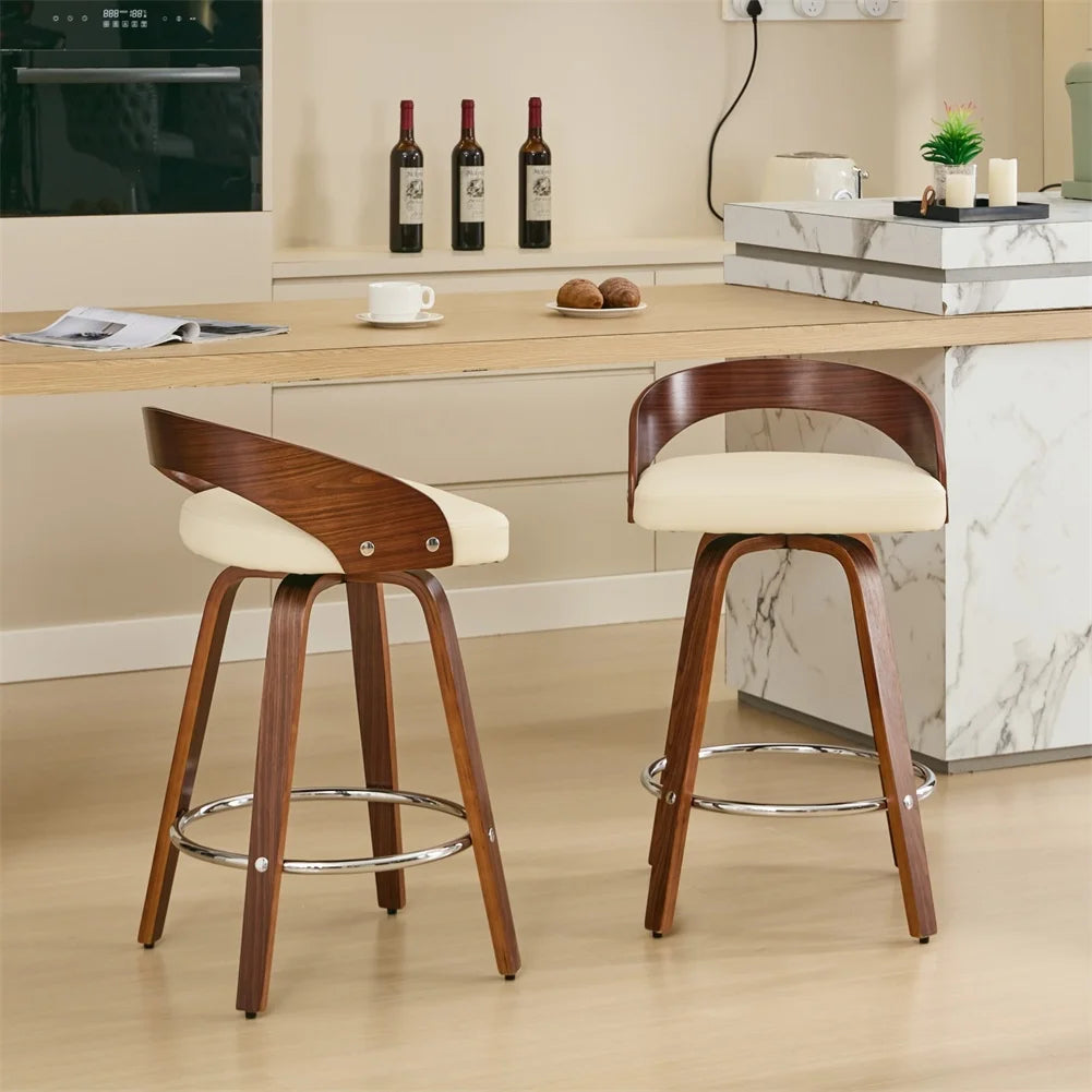 2 PCS Bar Pub Stools Set 360-degree Swivel Barstools with Low Back Wood Legs Chairs with Soft Cushion Seat Footrest For Kitchen