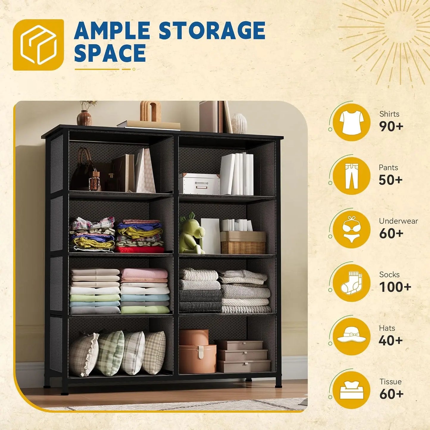 8 Drawer Fabric Dresser For Bedroom And Closet Storage
