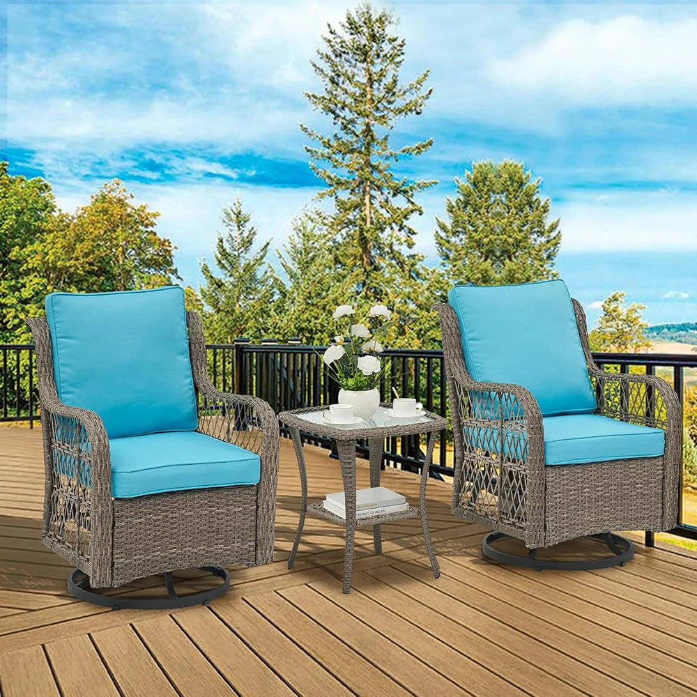 HiMISS 3-Piece Outdoor Wicker Swivel Patio Set With Glass Table
