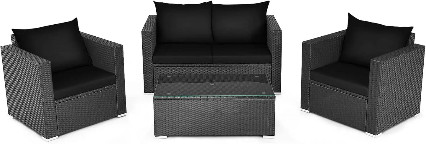 Patio 4-Piece Rattan Furniture Set With Cushioned Seating And Glass Top Table