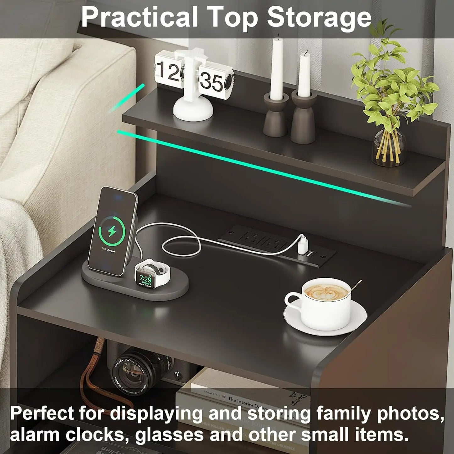 Modern LED Nightstand With Charging Station And USB Ports