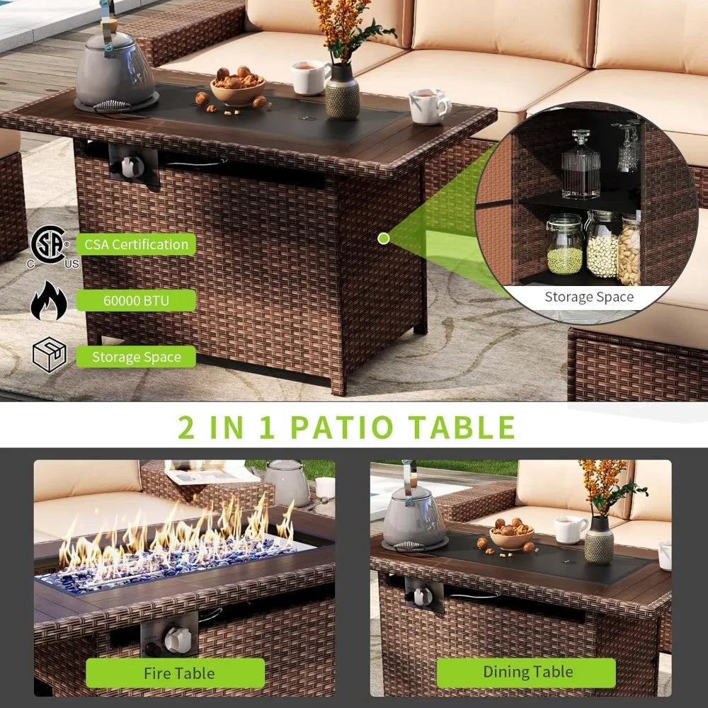 7 Piece Outdoor Wicker Patio Set With Fire Pit Table And Cushions