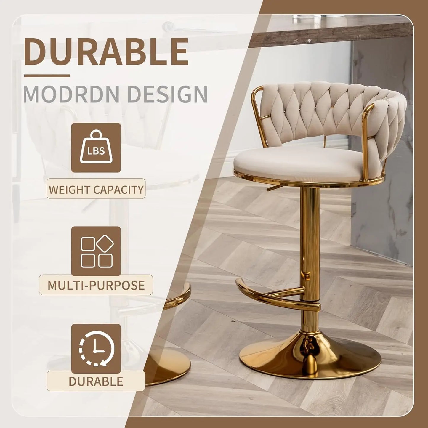 Gold Bar Stools Set of 4, Velvet Swivel Barstools with Woven Backrest, Adjustable Bar Chairs for Kitchen Island,, Customized