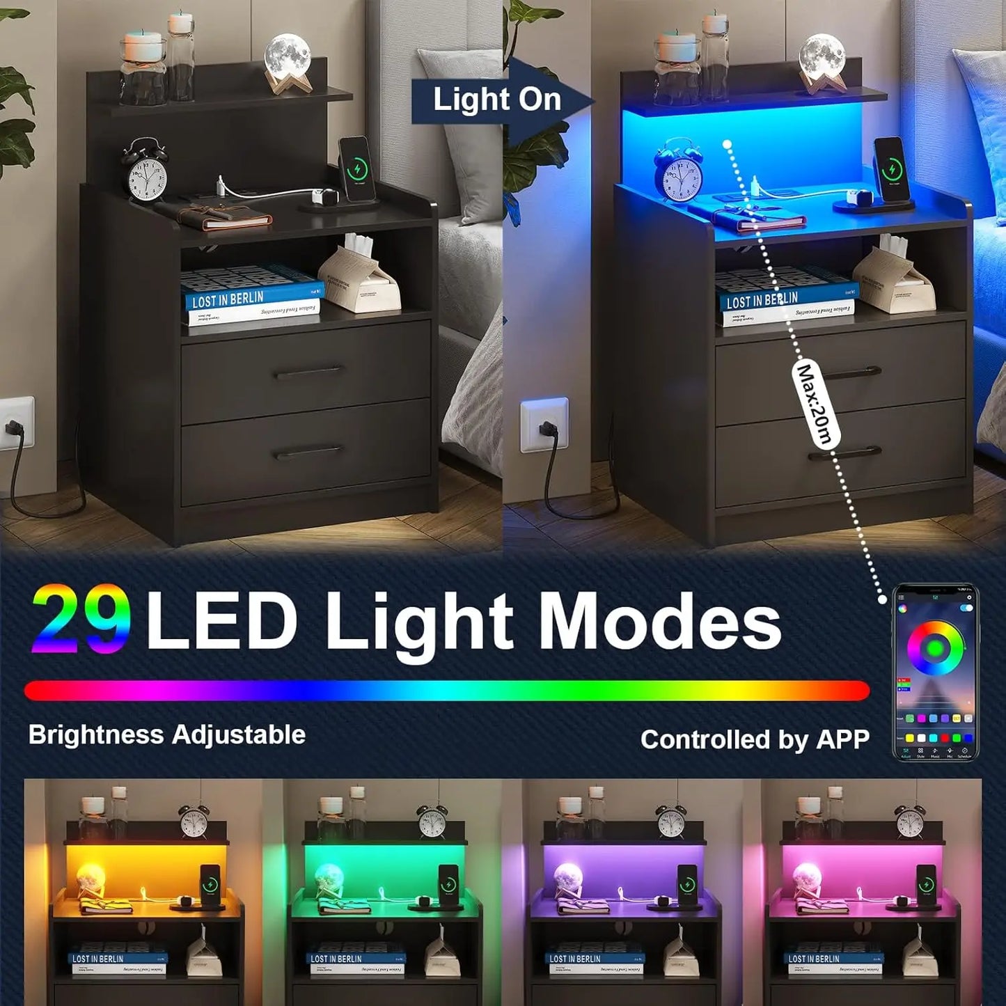Modern LED Nightstand With Charging Station And USB Ports