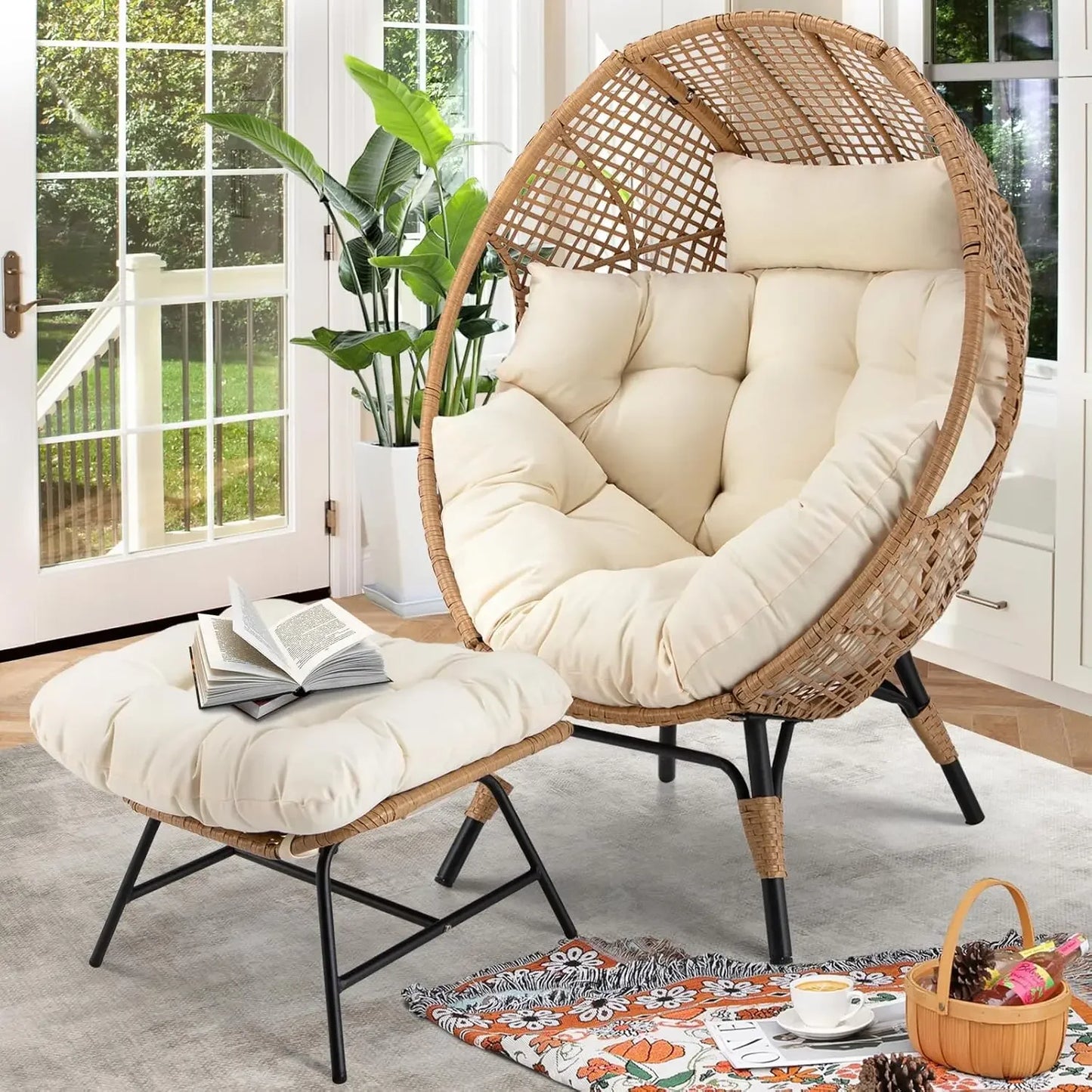 Egg Chair With Footrest Wicker Patio Lounger With Ottoman