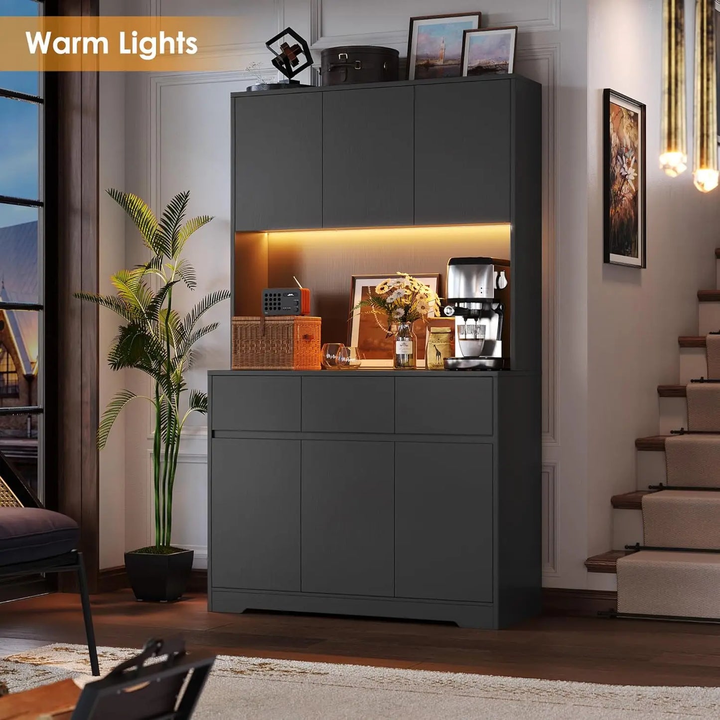 Pantry Cabinet With Power Outlets And Led Lights Microwave Stand