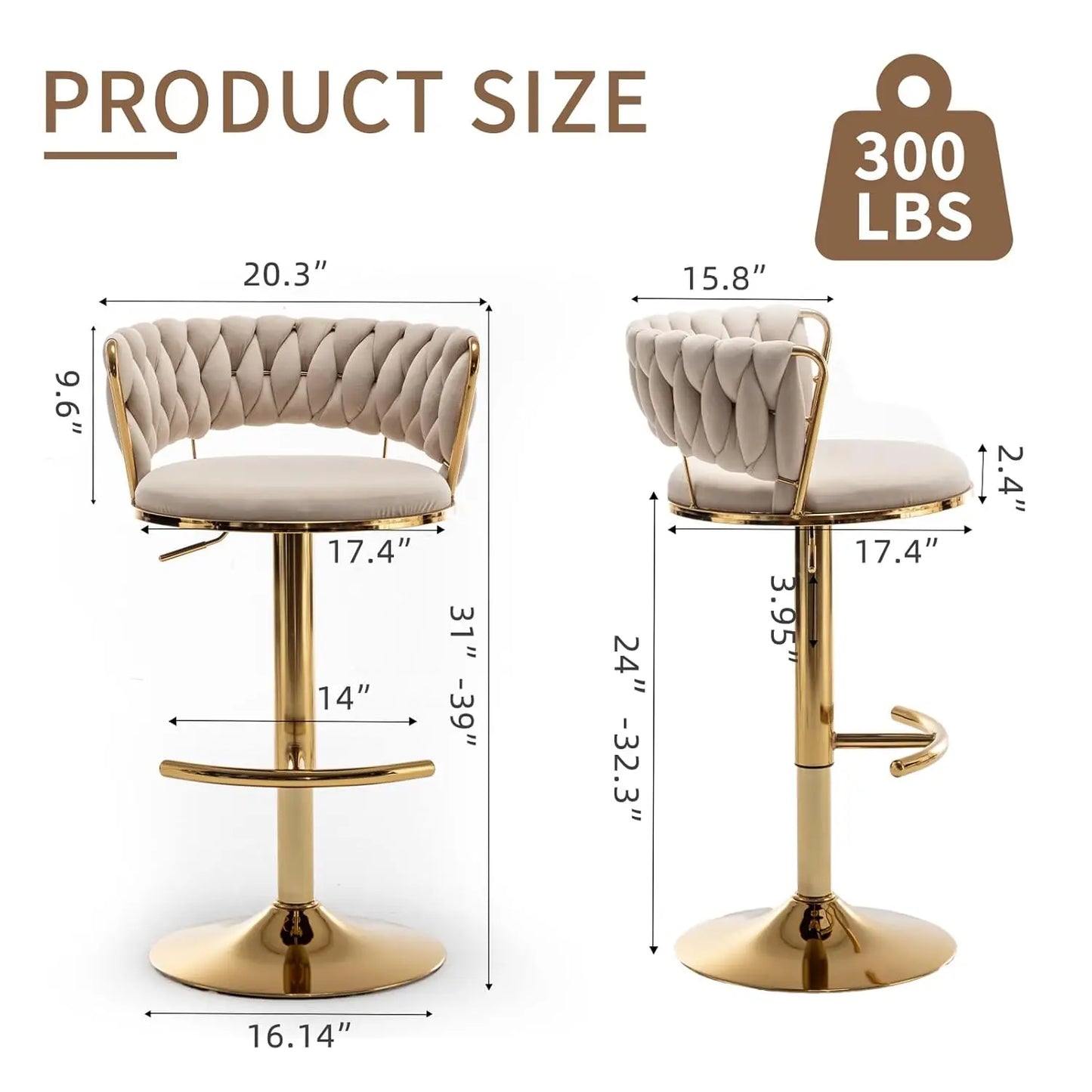 Gold Bar Stools Set of 4, Velvet Swivel Barstools with Woven Backrest, Adjustable Bar Chairs for Kitchen Island,, Customized