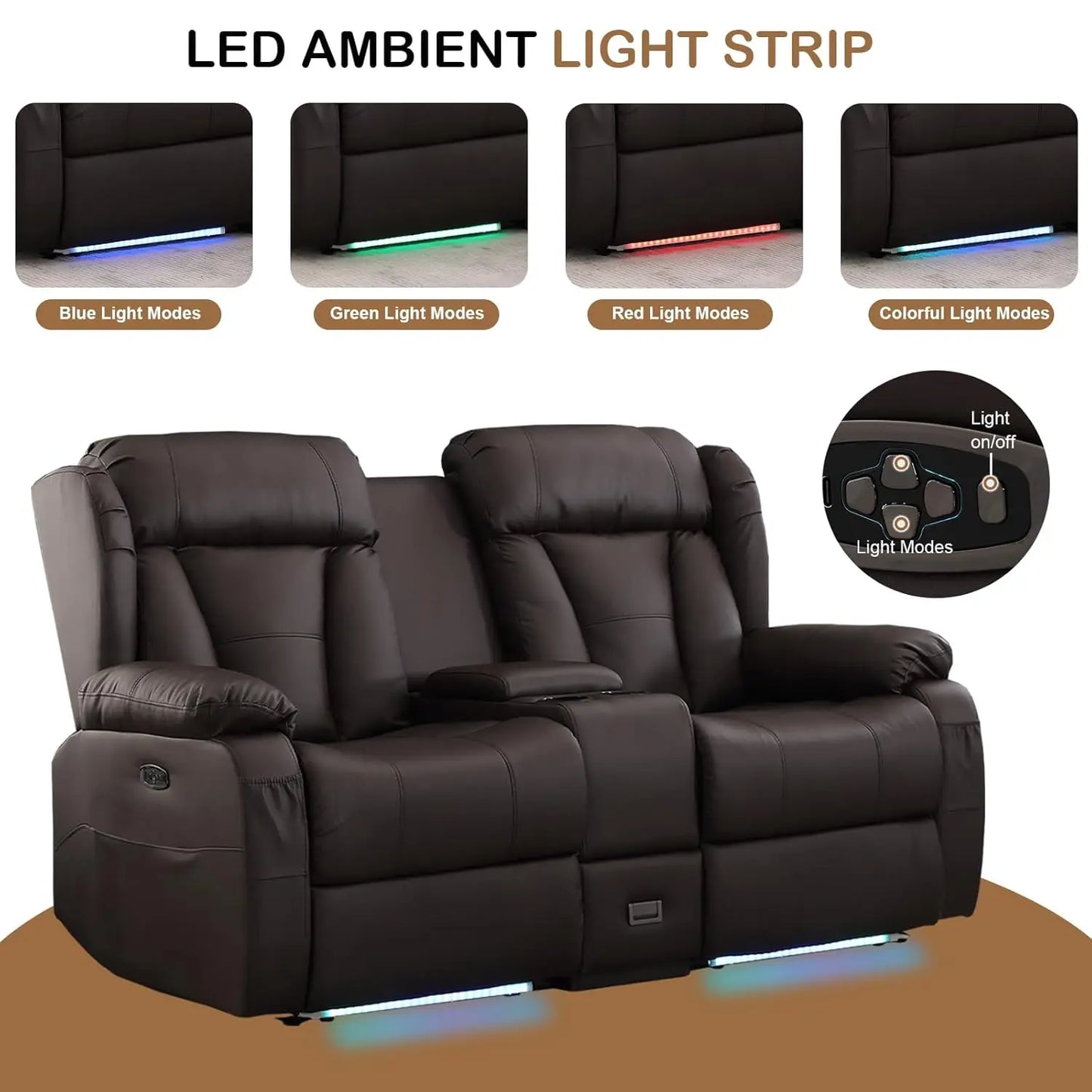 Power Reclining Faux Leather Loveseat With Console And Led Ambient