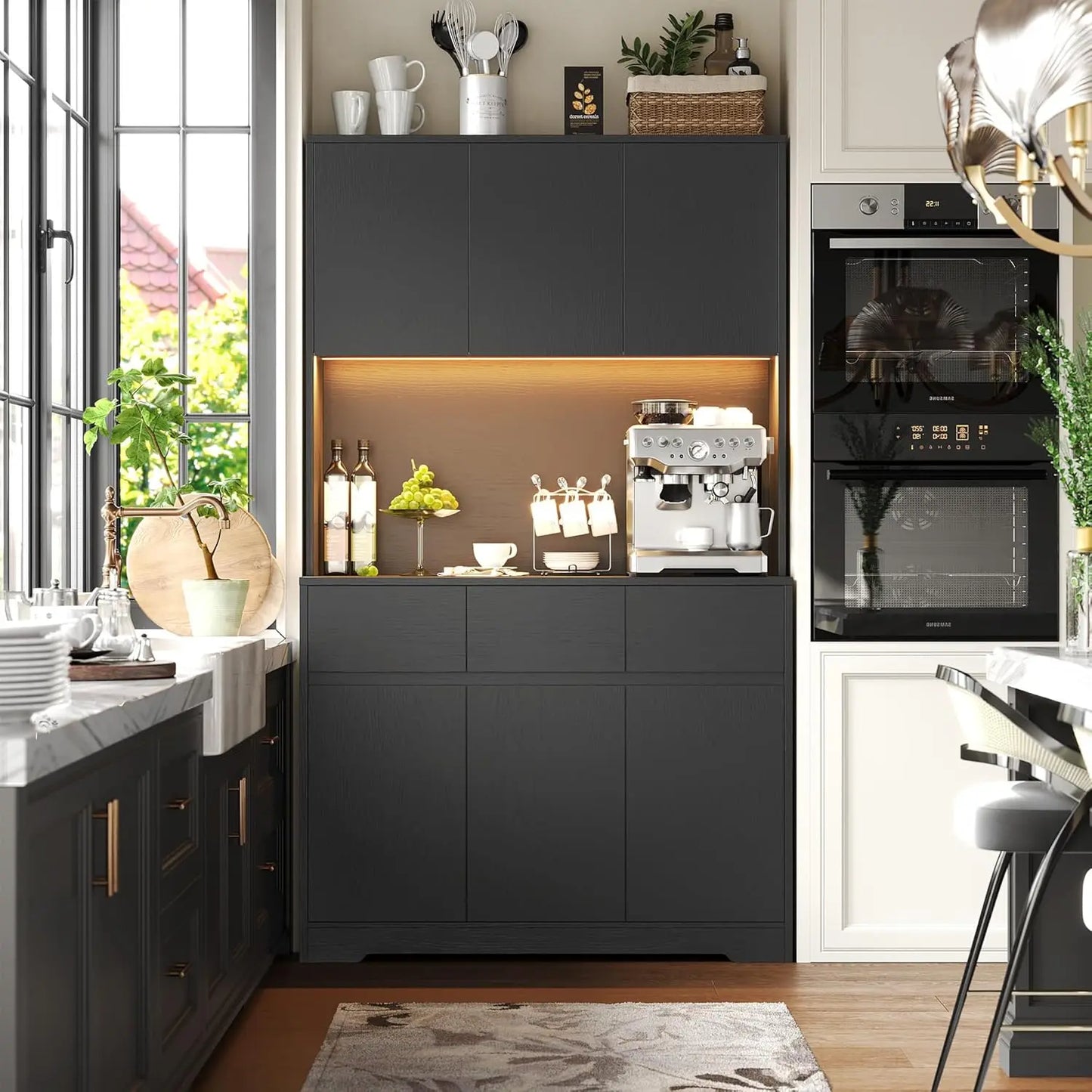 Pantry Cabinet With Power Outlets And Led Lights Microwave Stand