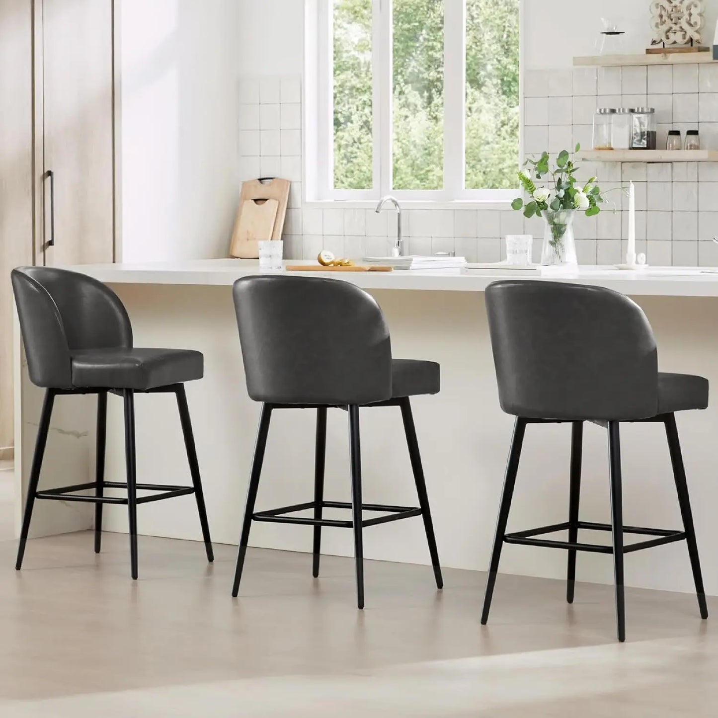Counter Height Bar Stools Set of 3, 360° Swivel Upholstered Barstools with Backs and Metal Legs, 26" H Seat Height,, Customized