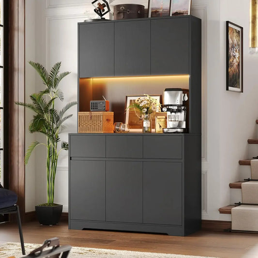 Pantry Cabinet With Power Outlets And Led Lights Microwave Stand