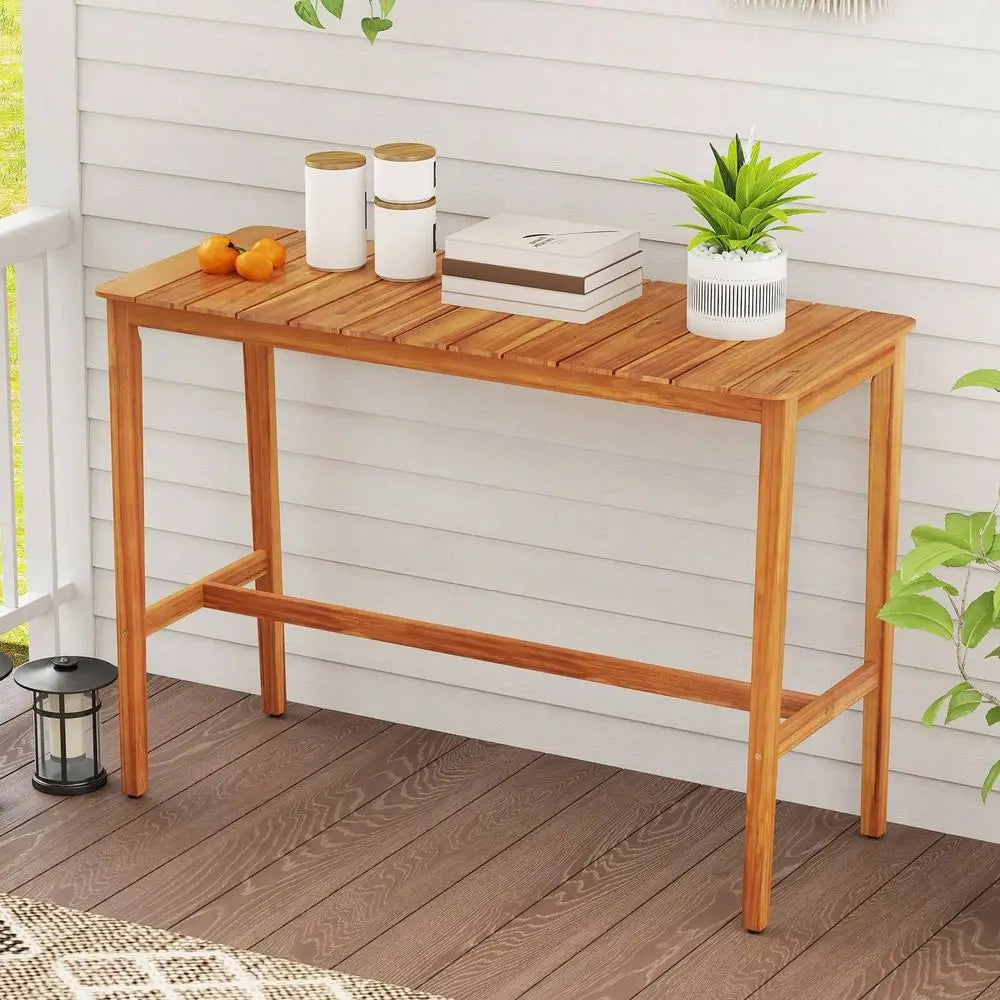 Bar Table 54 X 22 Acacia Wood Counter Height Table With Slatted Tabletop Footrest Crossbar