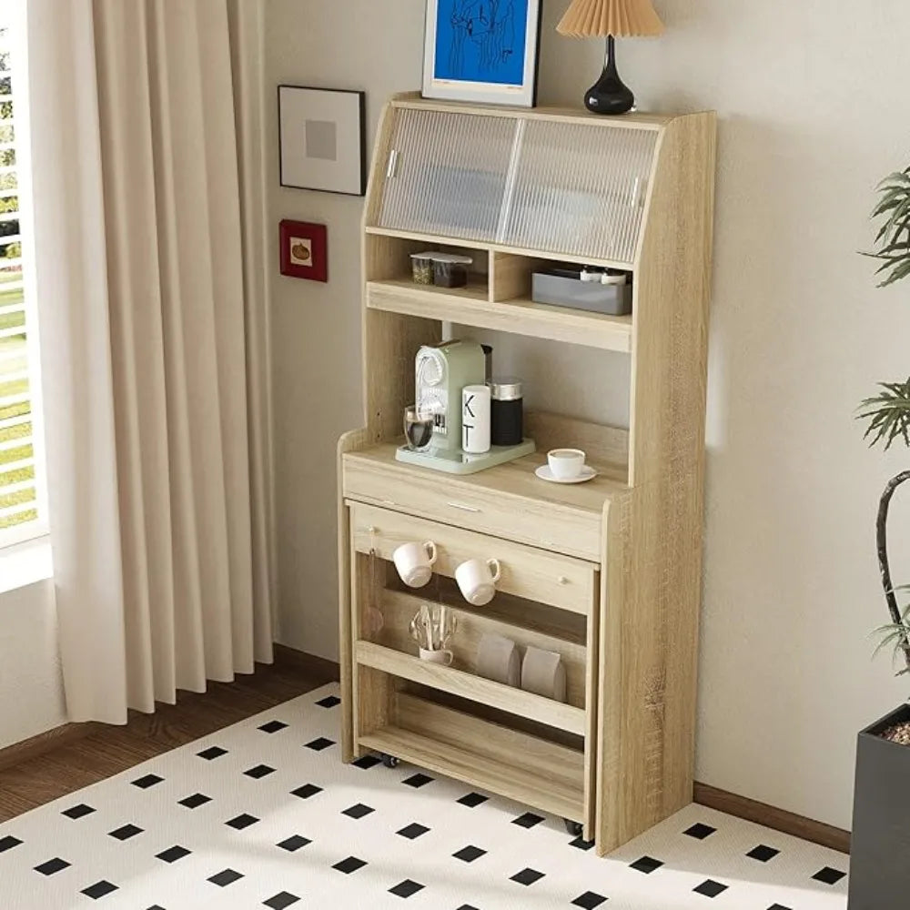 MKDK Modern Coffee Bar Cabinet With Hutch And Foldable Table