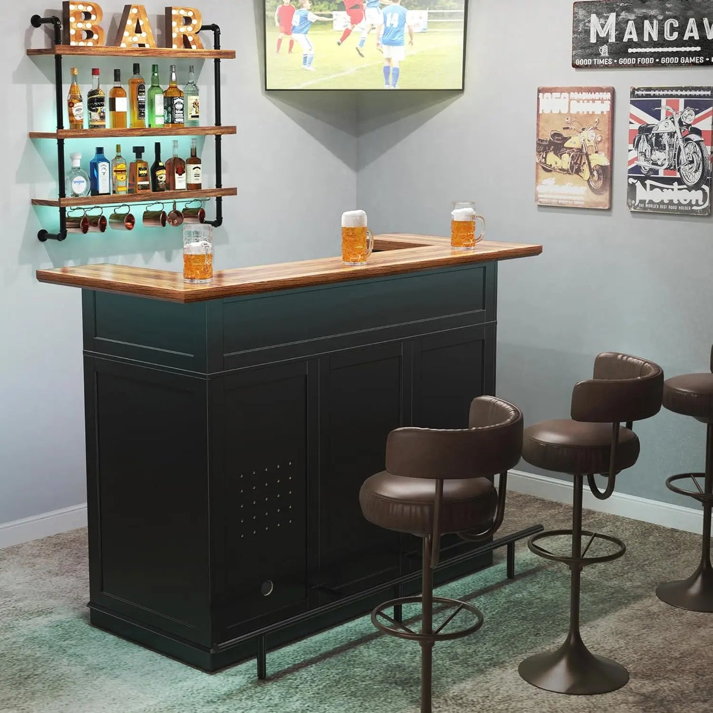 U Shape Home Bar Cabinet With Fridge Space Liquor Storage