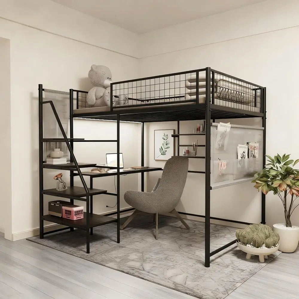 Metal Loft Bed With Stairs Desk And Charging Station