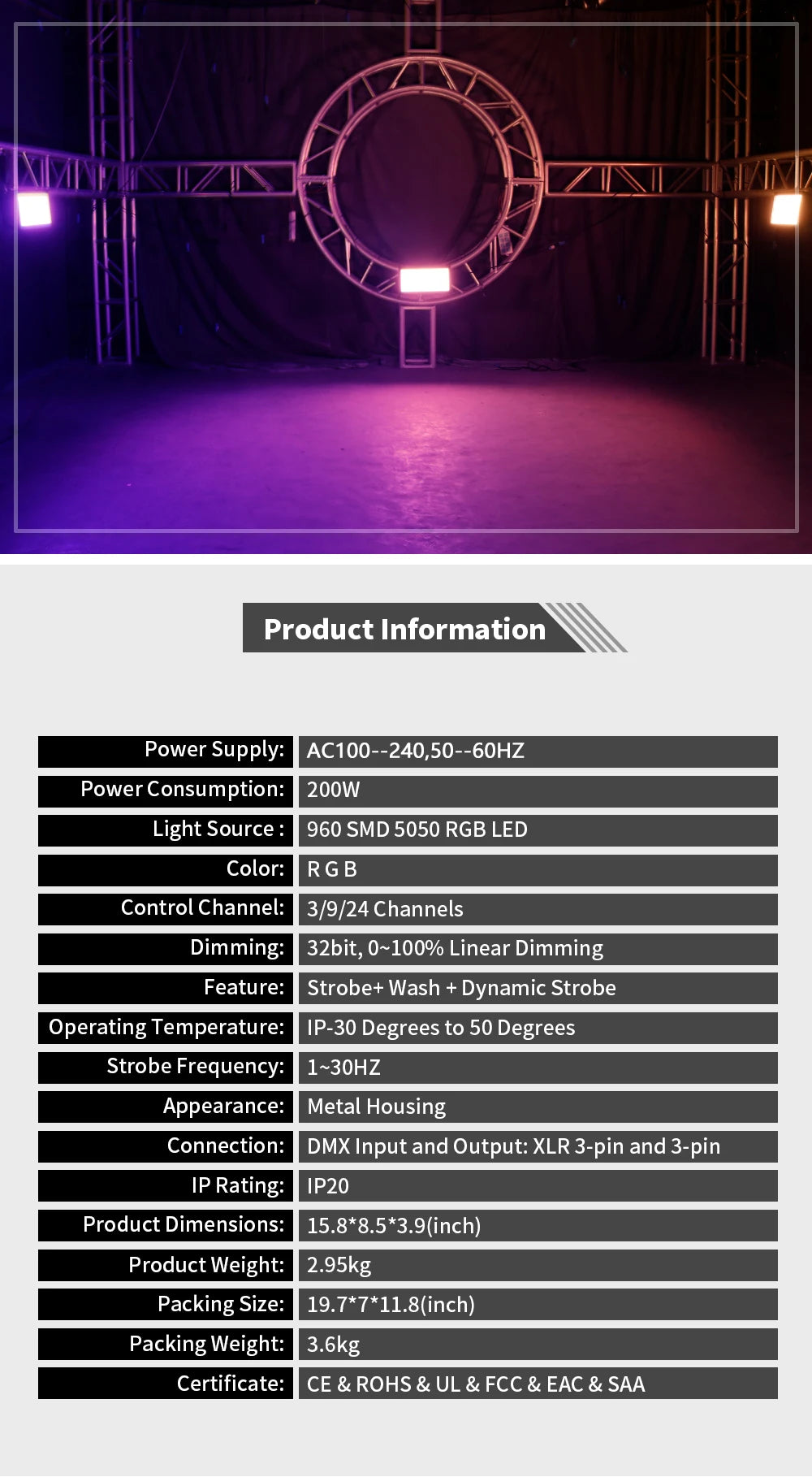 SHEHDS LED 200W RGB Marquee Strobe Light for DJ Pro