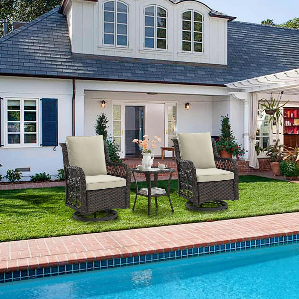 HiMISS 3-Piece Outdoor Wicker Swivel Patio Set With Glass Table