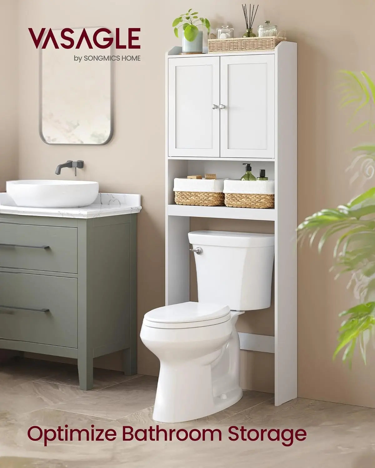 Over the Toilet Storage Cabinet, Bathroom Storage Cabinet with Doors, Adjustable Shelves, Space-Saving, Modern, 7.9 x 24.6 x 70