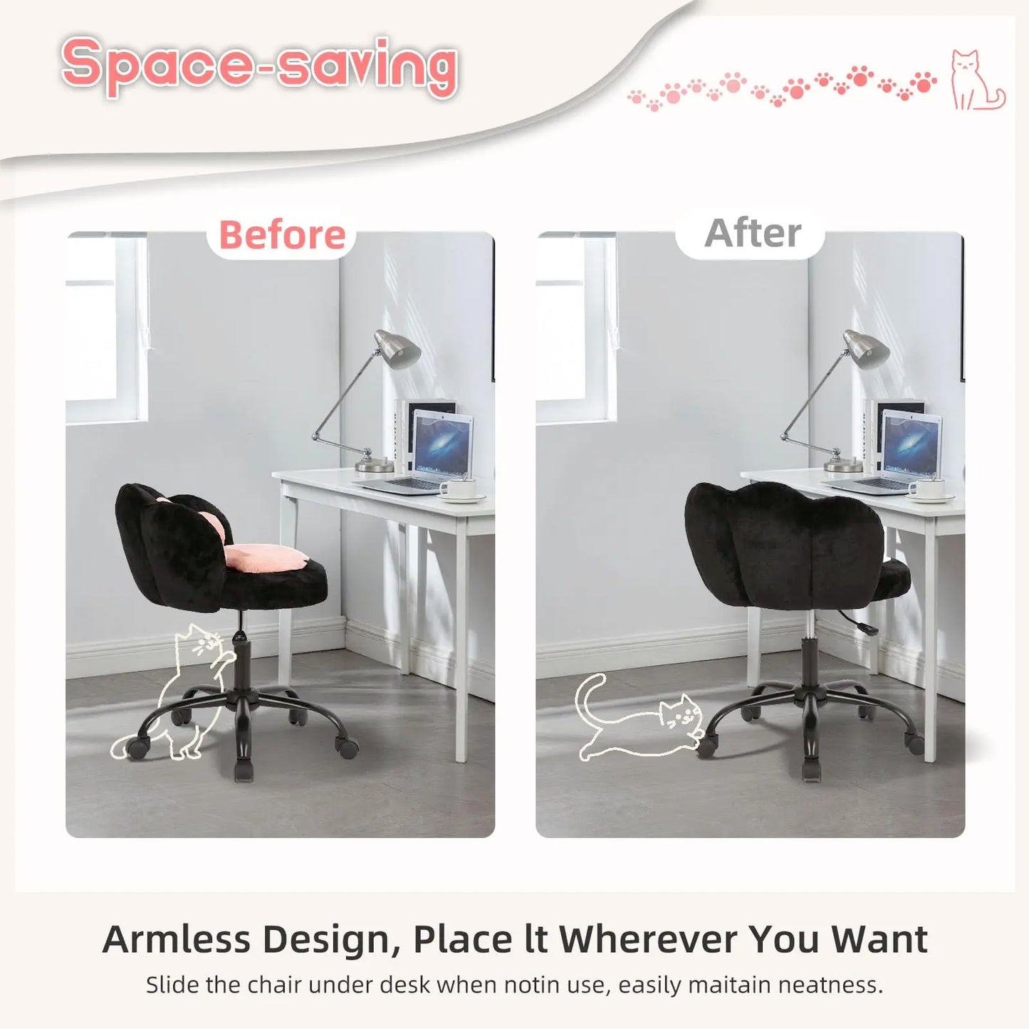 HiMISS Vanity Cat Paw Office Chair With Wheels 360 Rotation