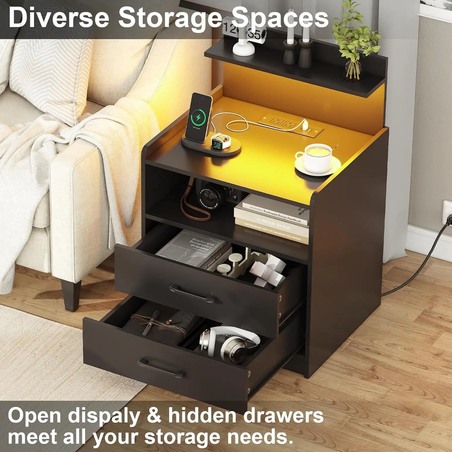 Modern LED Nightstand With Charging Station And USB Ports