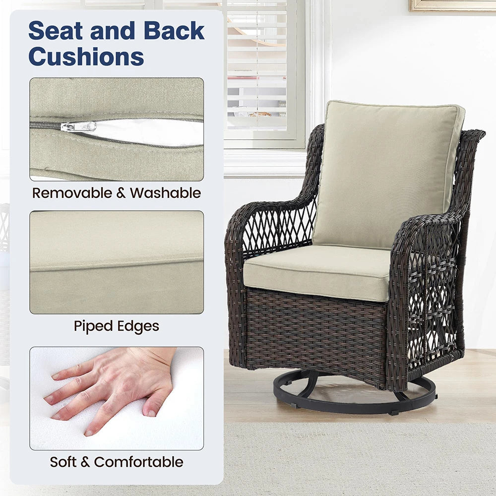 HiMISS 3-Piece Outdoor Wicker Swivel Patio Set With Glass Table