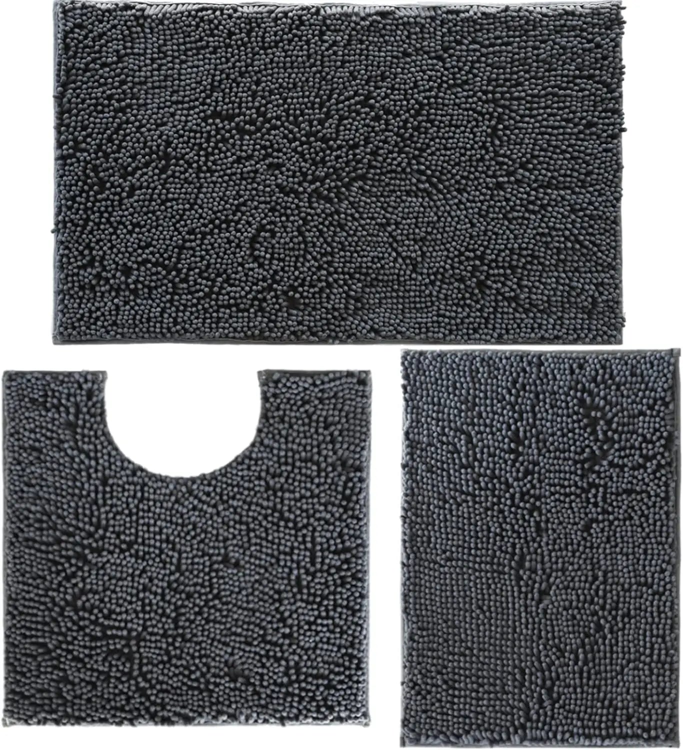Bathroom Rugs Set Non Slip 3 Piece Bath Mat Washable Chenille Bath Rugs with PVC Backing Bath Carpet,Absorbent Bathroom Mats wit